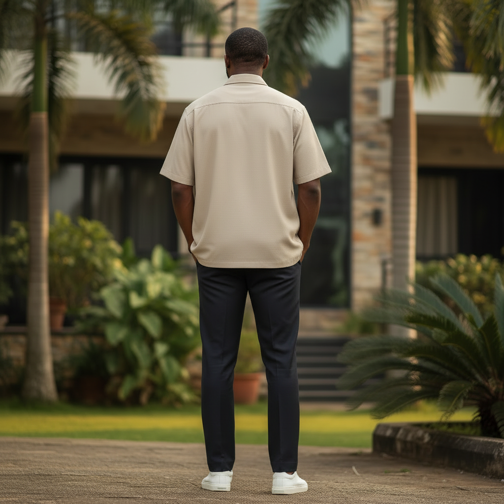 Nigerian male model wearing Sand Beige Short Sleeve Shirt back view