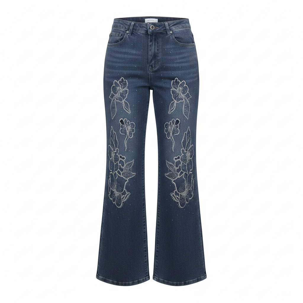 Women's dark blue rhinestone floral wide-leg flare jeans — ghost mannequin front view