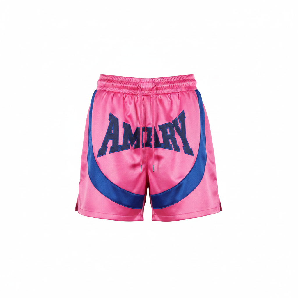Pink satin graphic shorts on ghost mannequin, white background