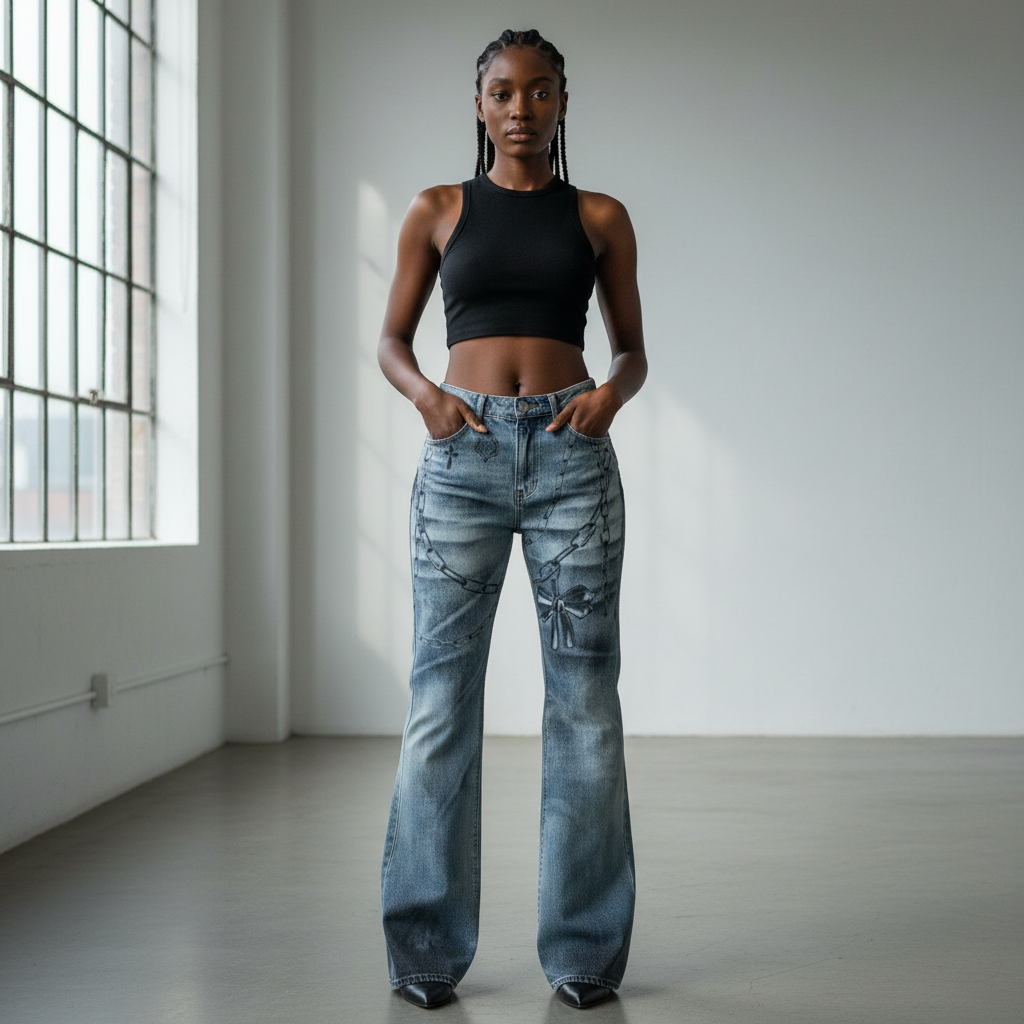 Nigerian female model wearing vintage washed blue chain and bow graphic flare jeans front view