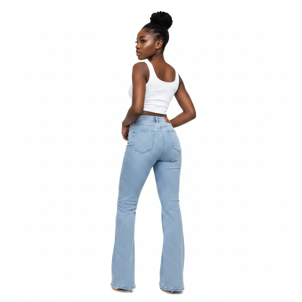 Floral embroidered flare jeans back view on model
