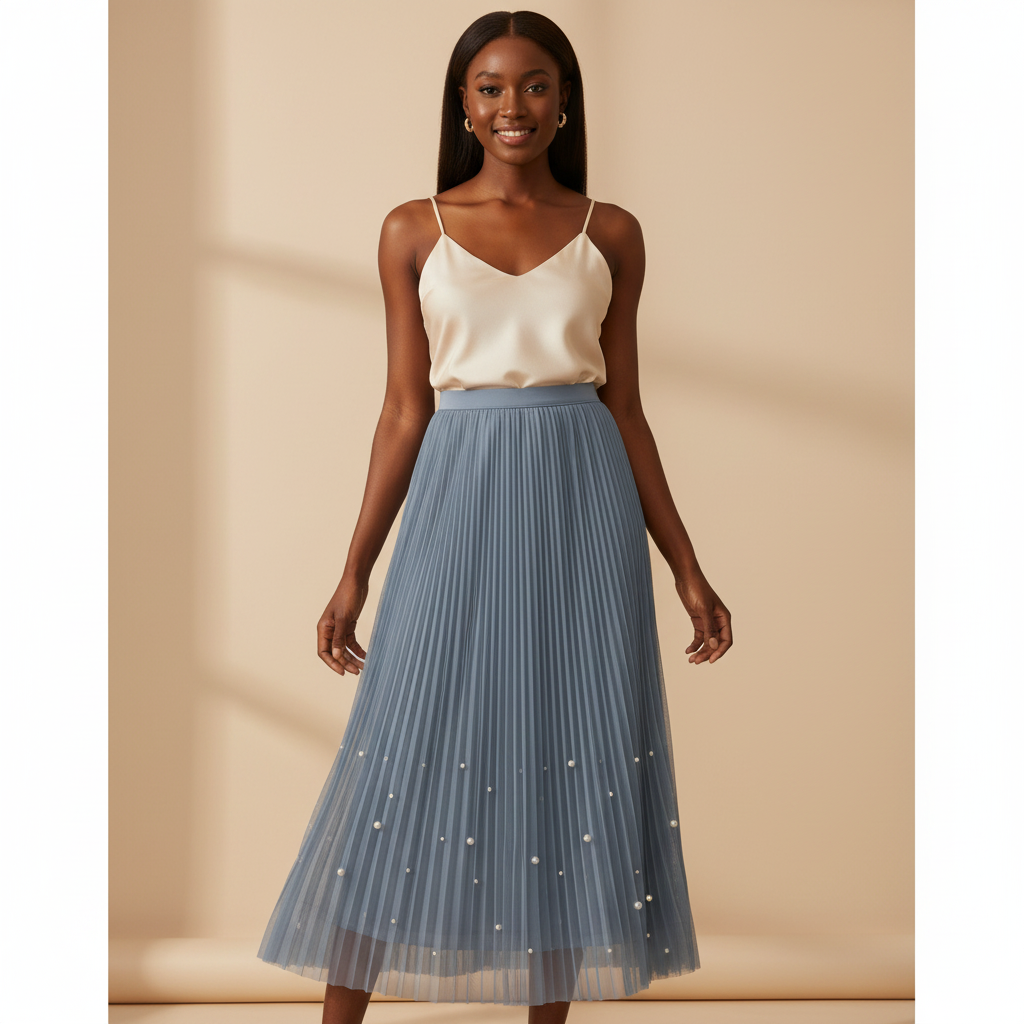 Nigerian woman wearing dusty blue pearl hem pleated midi skirt - front view