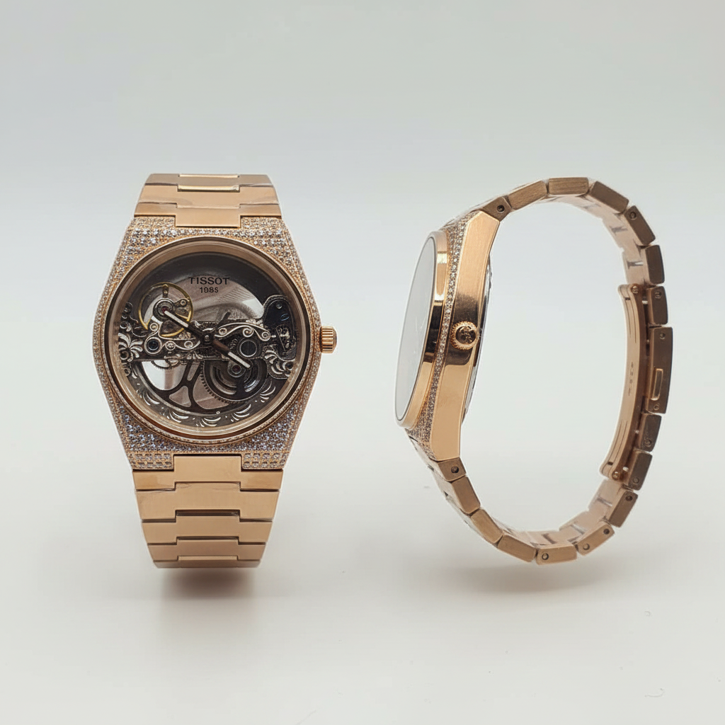 Men's full rose gold iced-out diamond skeleton watch — ghost mannequin front and side view