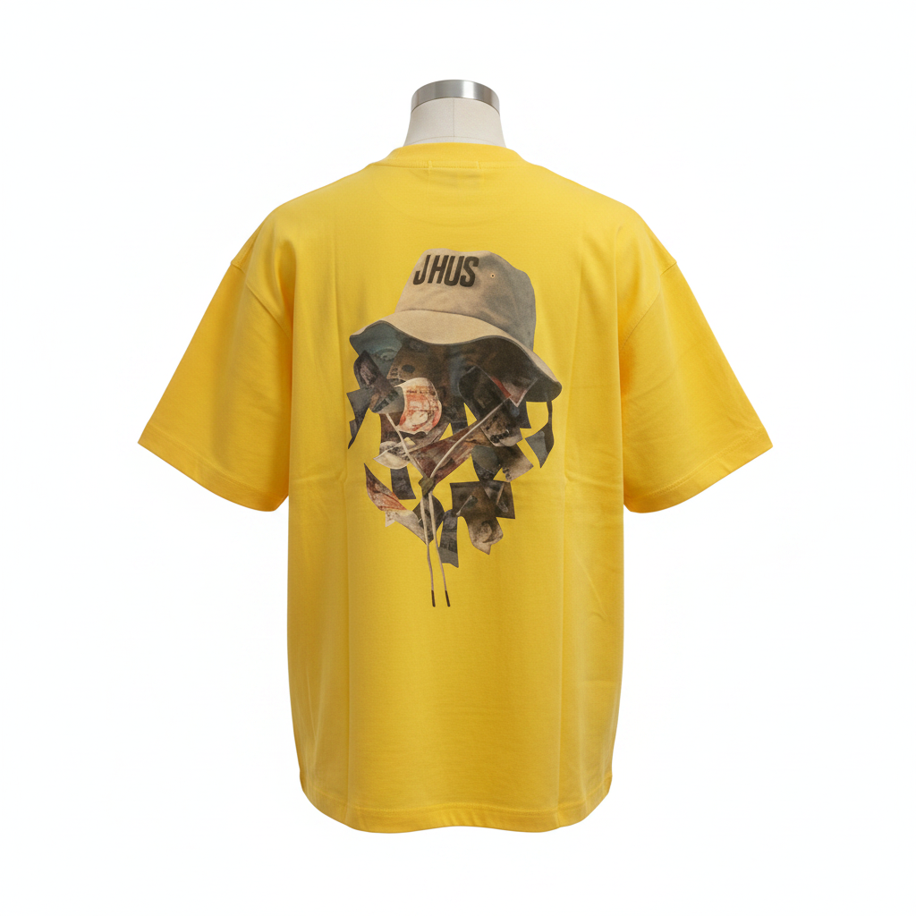Ghost mannequin back view yellow JHUS graphic tee