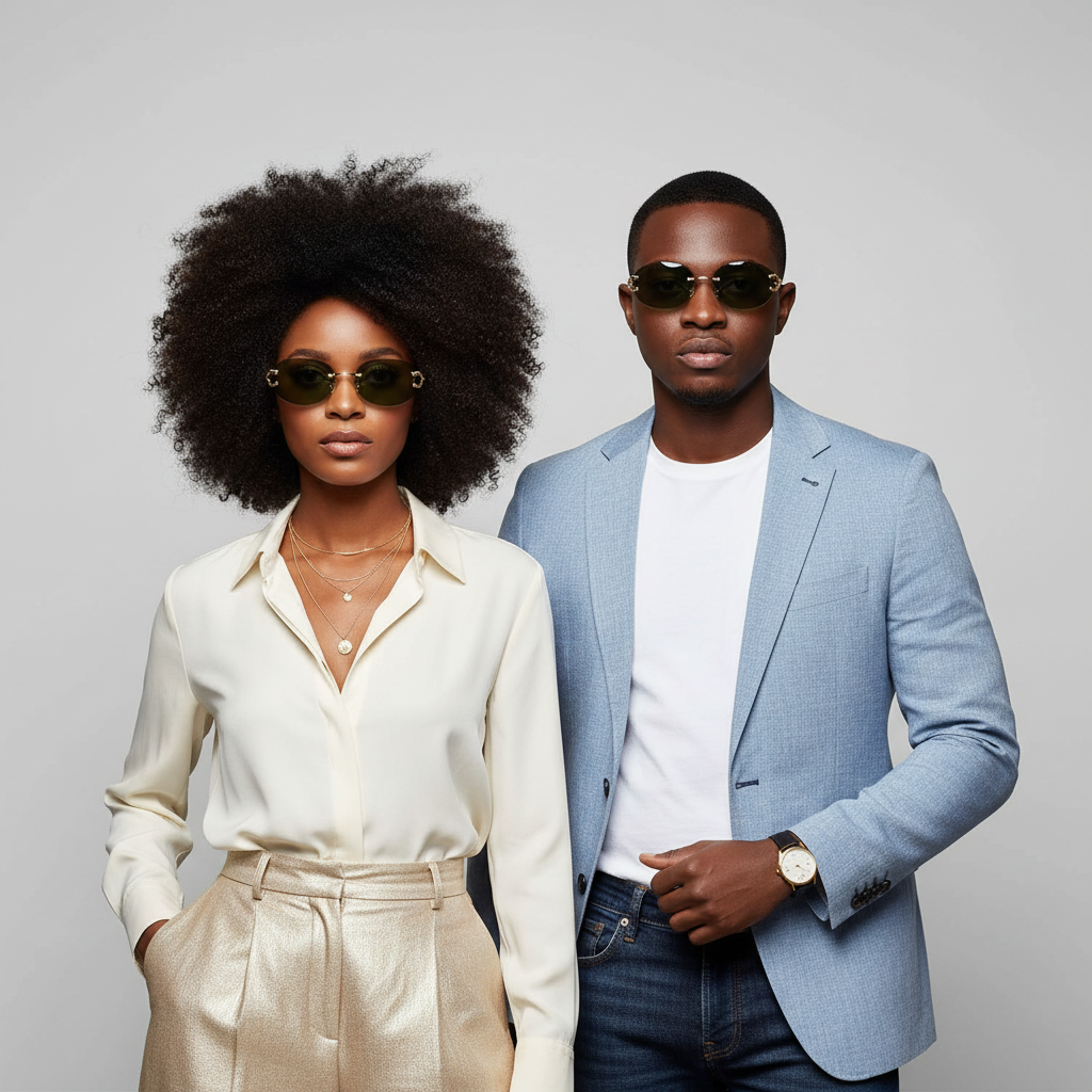 Nigerian styled female and male models wearing rimless gold bridge aviator sunglasses with dark olive-green lenses – editorial medium shot professional grey background