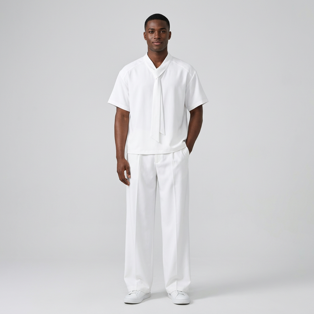 Nigerian male model wearing white tie-neck shirt and wide-leg trouser set