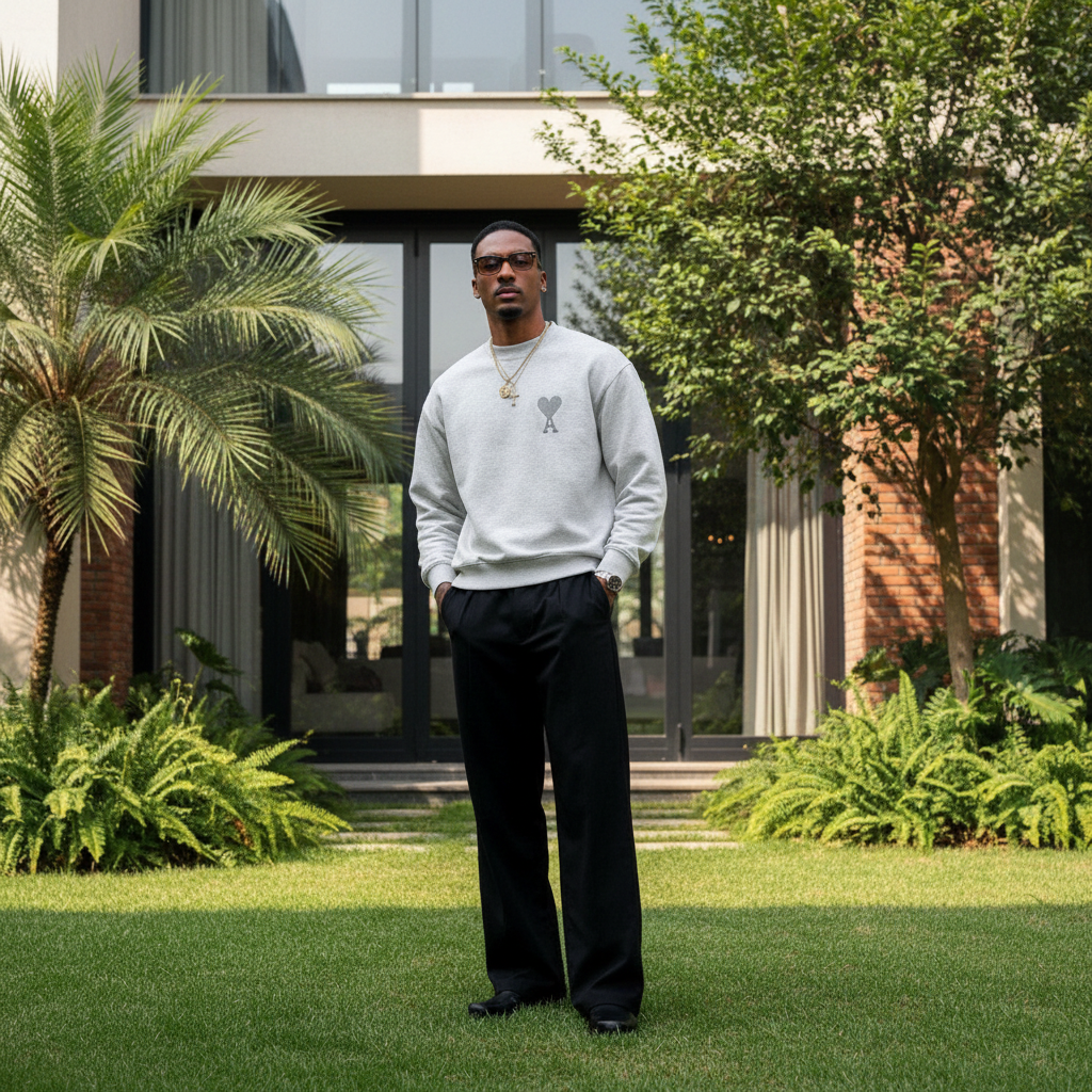 Men's Grey Heart Logo Round Neck Sweatshirt – Nigerian Male Model Shot