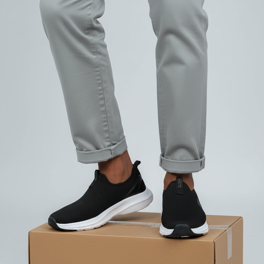 Men's black mesh slip-on sneakers with white sole Nigerian male model leg shot