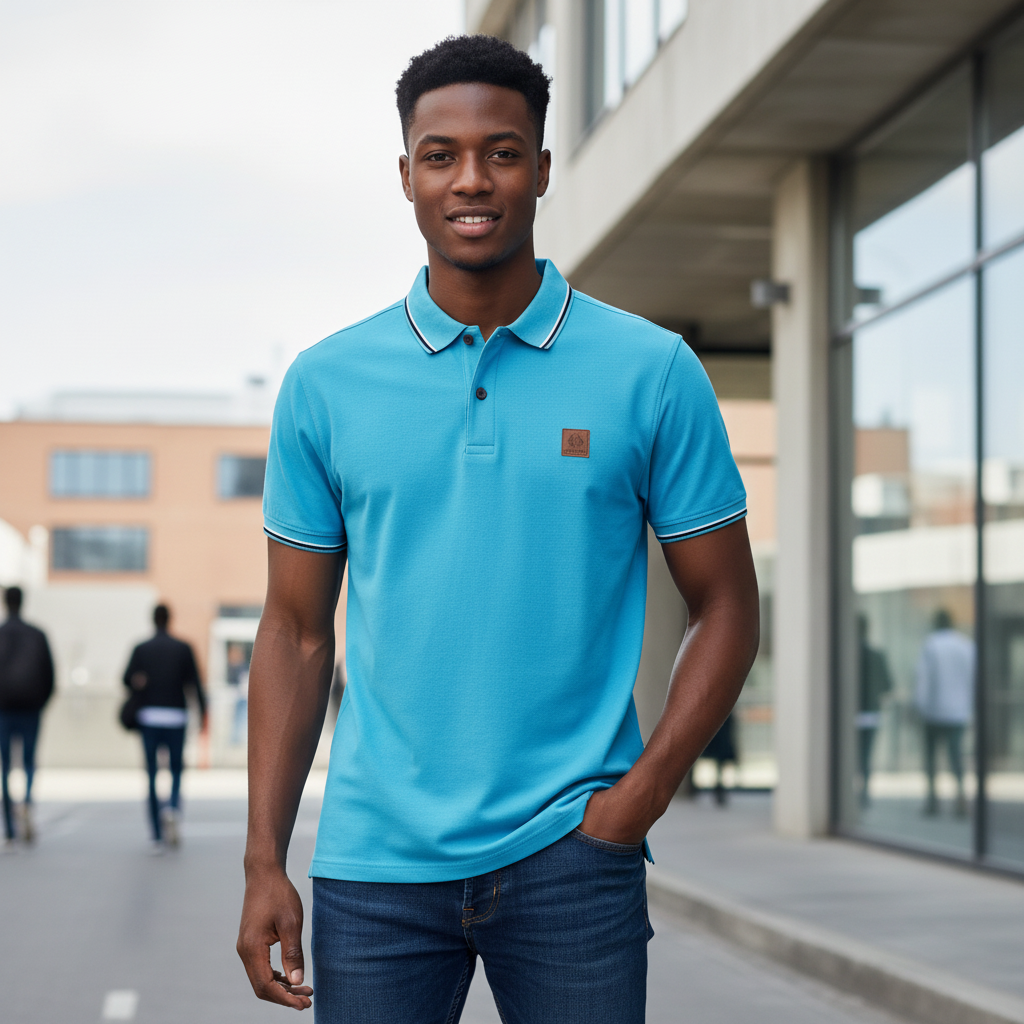 Young Nigerian male model wearing sky blue tipped collar polo shirt