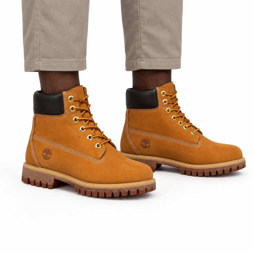 Man wearing wheat-tan ankle boots, both feet visible