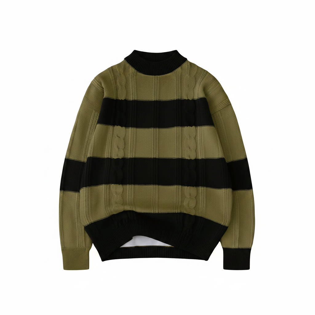 Men's olive black stripe cable knit sweater ghost mannequin front view