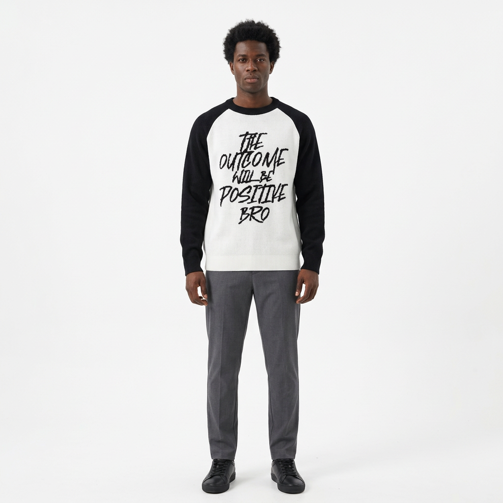 Full-body male model wearing a white black raglan slogan-knit sweater