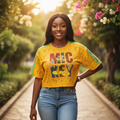 Young Nigerian female model wearing yellow Mickey rhinestone lace crop tee
