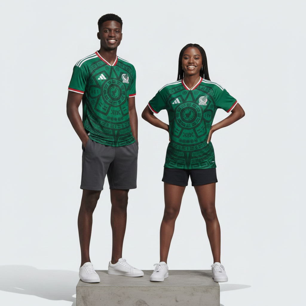 Nigerian male and female models wearing the Unisex Green Aztec Graphic Football Jersey side by side