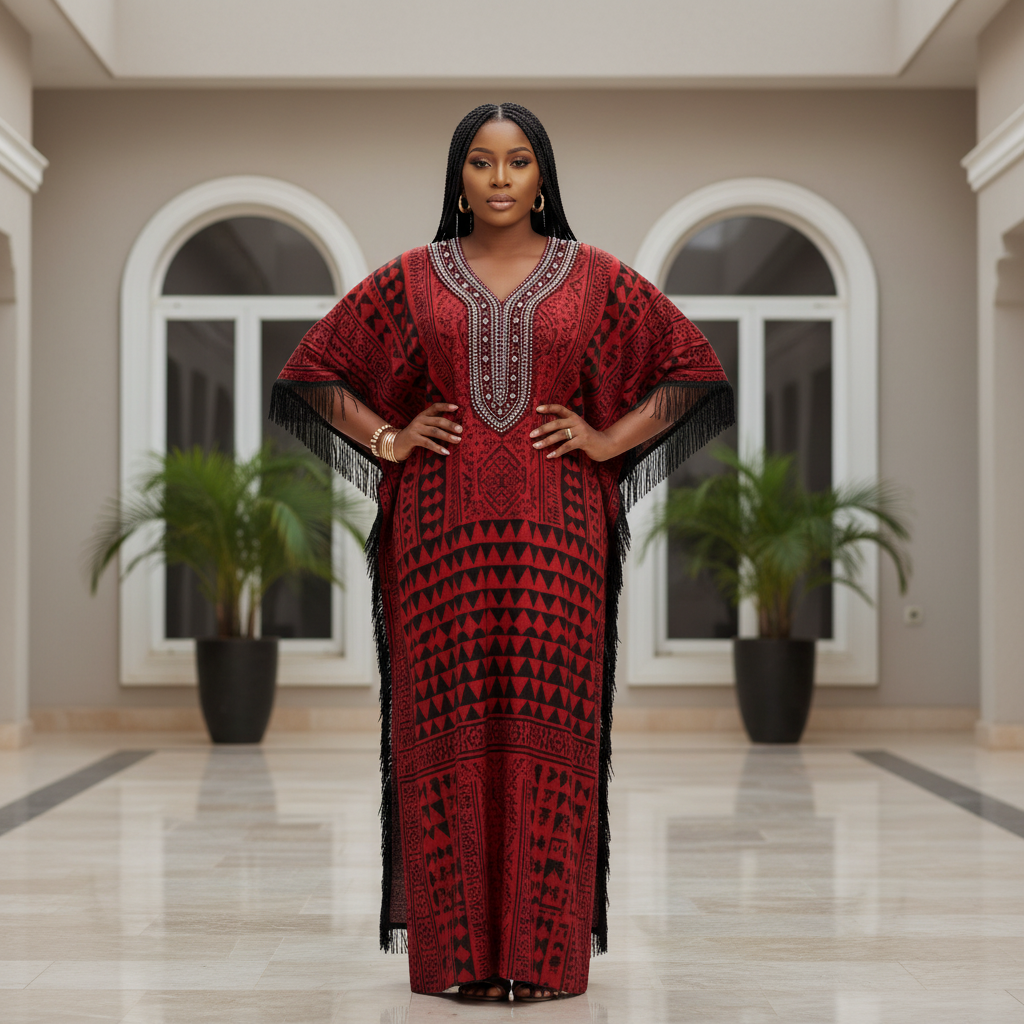Tribal Geometric Fringe Kaftan Dress - Front Model View