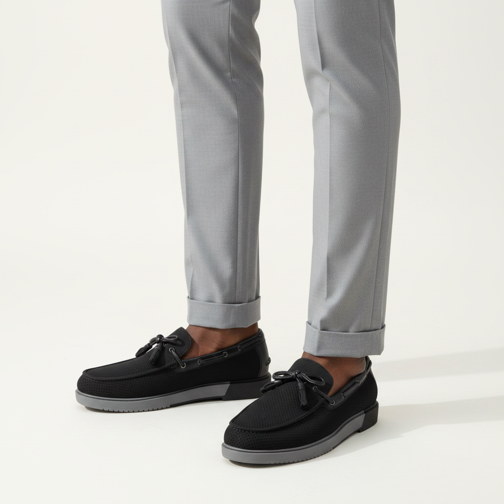 Black perforated suede boat shoes with grey sole worn with light grey trousers