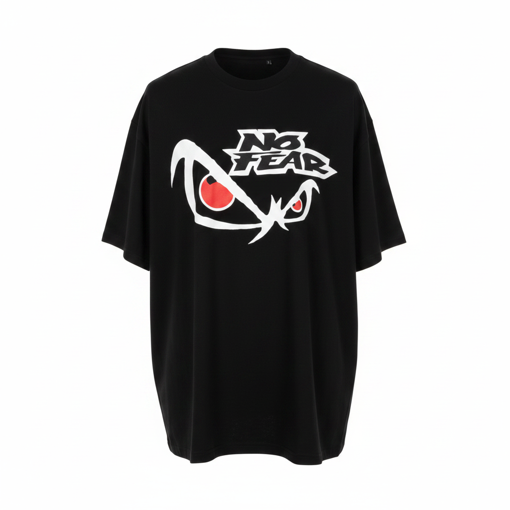 Unisex black No Fear eye graphic tee – ghost mannequin front view