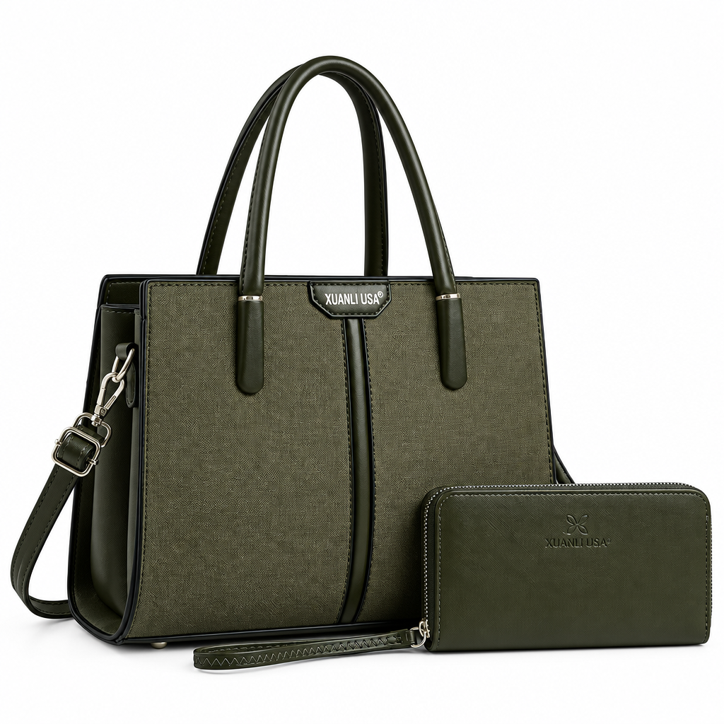 Olive textured tote with dark trim and matching wristlet on white