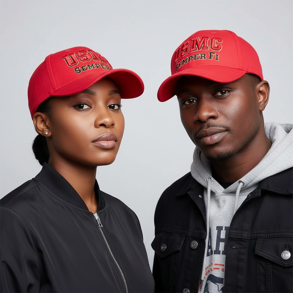 Nigerian male and female models wearing bright red bold block letter embroidered baseball cap