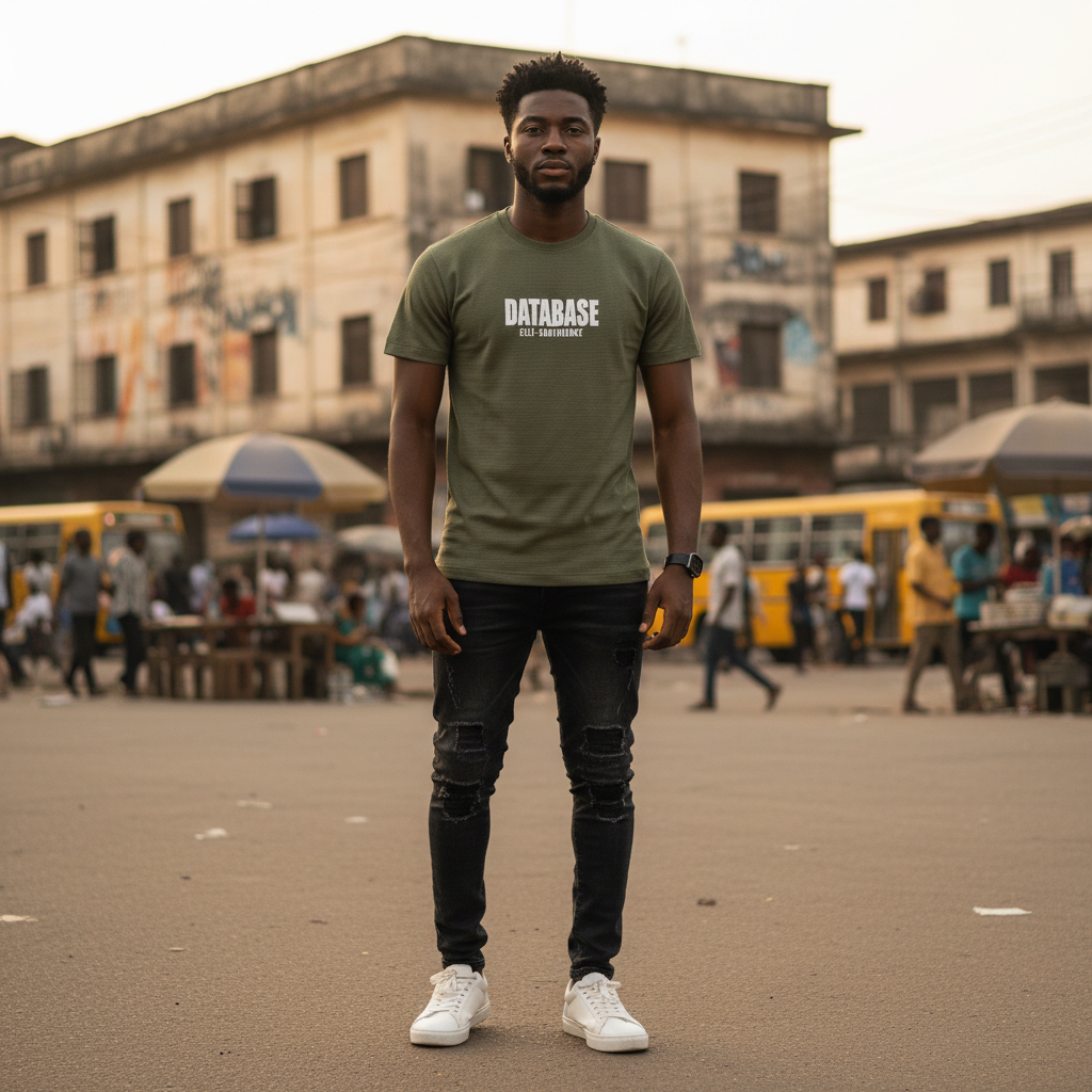 Young Nigerian male model wearing olive green bold graphic tee