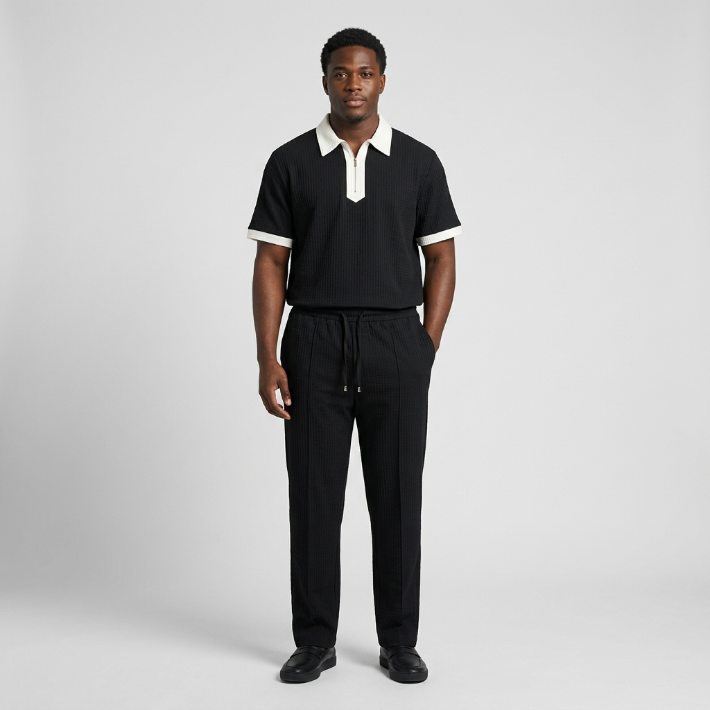 Nigerian man wearing black contrast-trim polo and trouser set