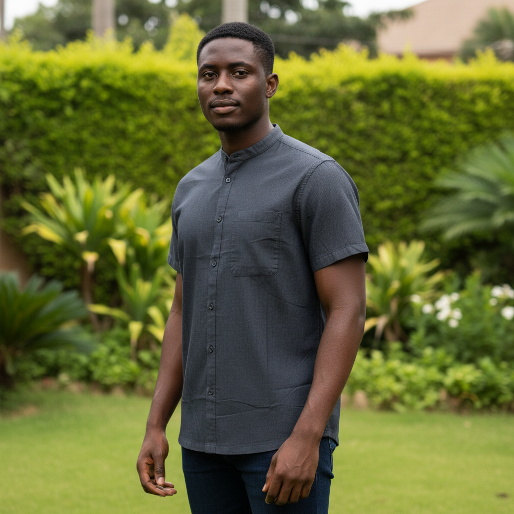 Nigerian model wearing Dark Grey Mandarin Collar Shirt – Front View