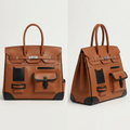 AI-generated front and angled catalog views of a brown and black multi-pocket tote