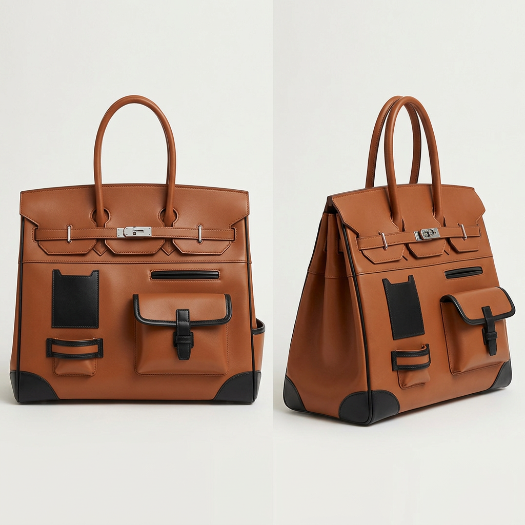 AI-generated front and angled catalog views of a brown and black multi-pocket tote