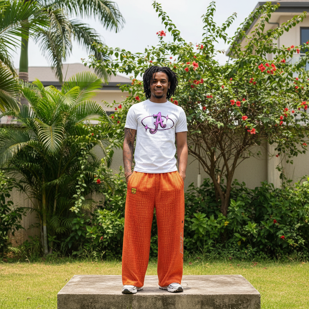 Nigerian male model wearing white star logo graphic tee – full body lifestyle shot
