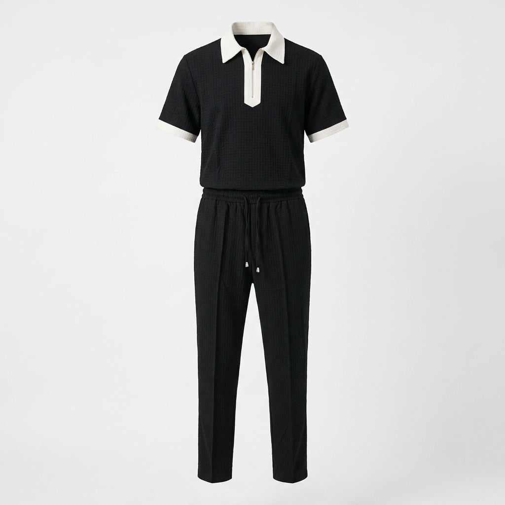 Black contrast-trim zip polo and trouser set on white background