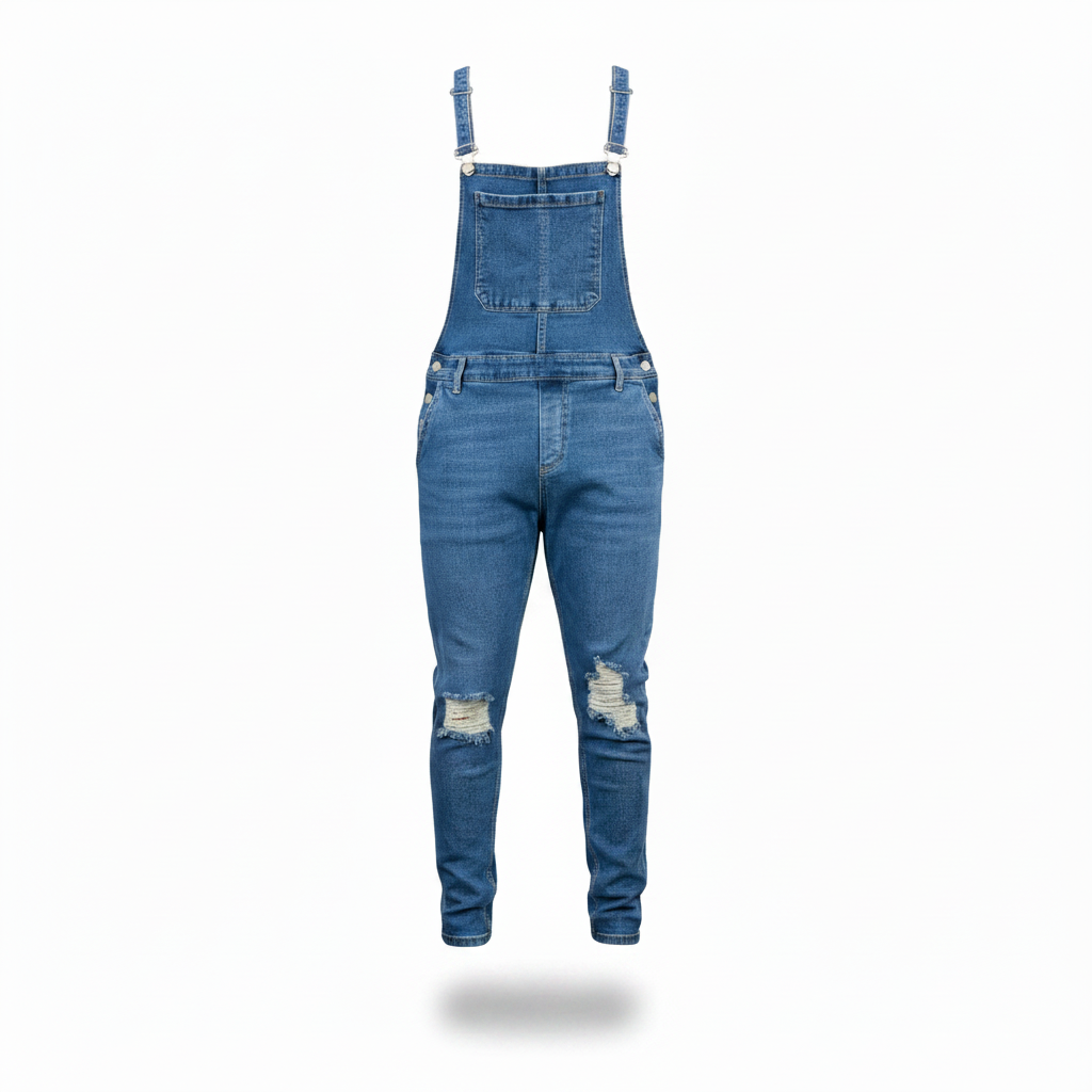 Mid-blue denim bib overalls with ripped knees shown in worn shape on a white background