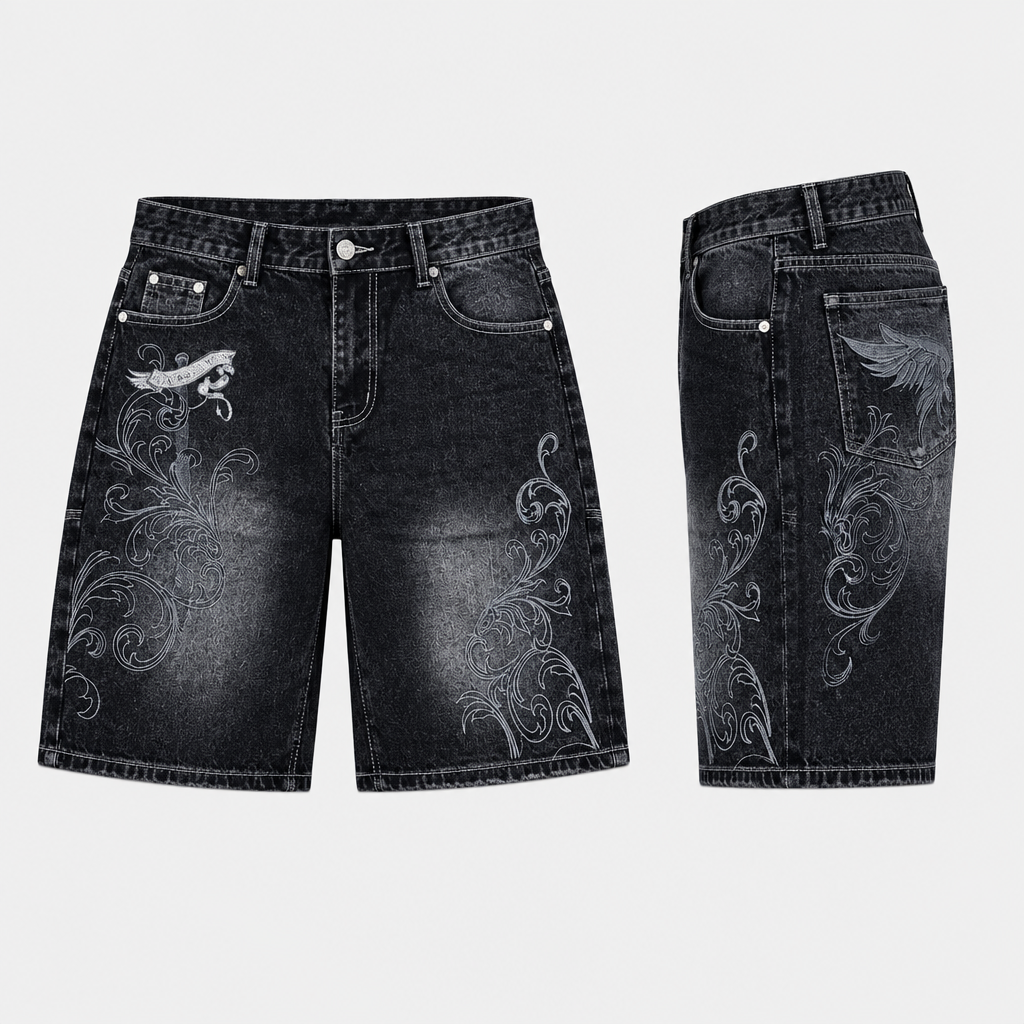 Washed black denim shorts with grey scroll designs and a pale accent on one leg