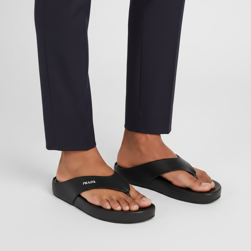 Close-up leg focus showing both men's black leather thong flip-flop sandals with dark navy trouser hem