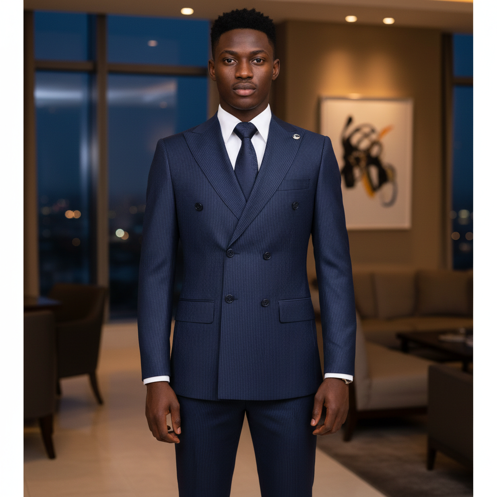 Navy Blue Pinstripe Double-Breasted Suit â€“ Nigerian Model Full Square