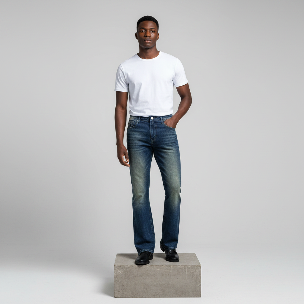 Nigerian male model wearing dark navy washed flared jeans