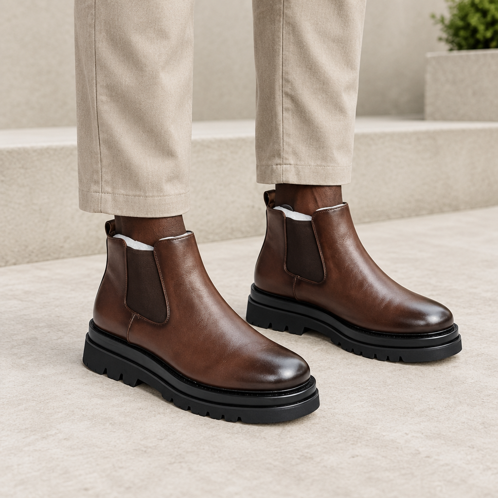 Black model wearing brown men's Chelsea ankle boots