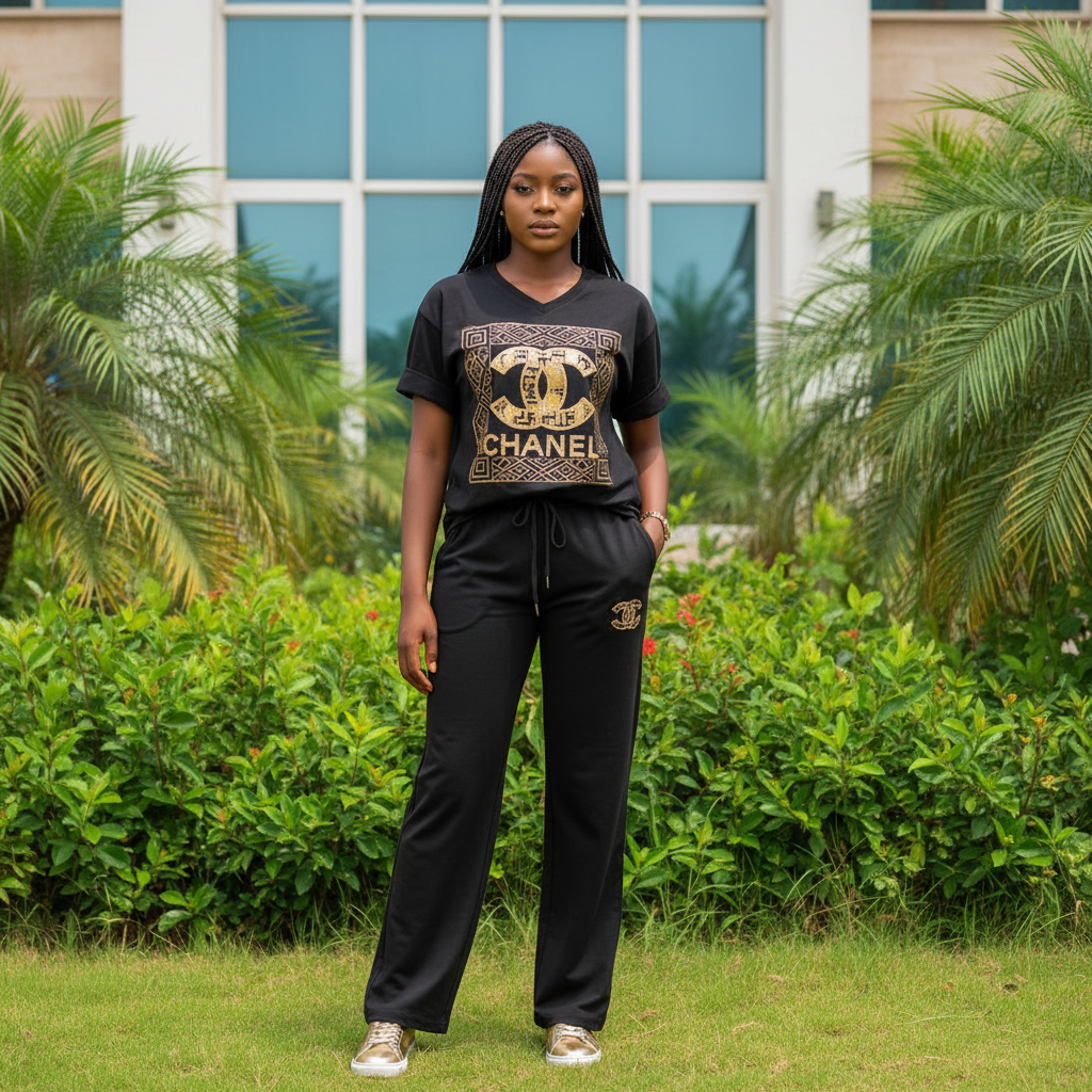 Women's black gold monogram mosaic graphic V-neck two-piece co-ord set - model shot