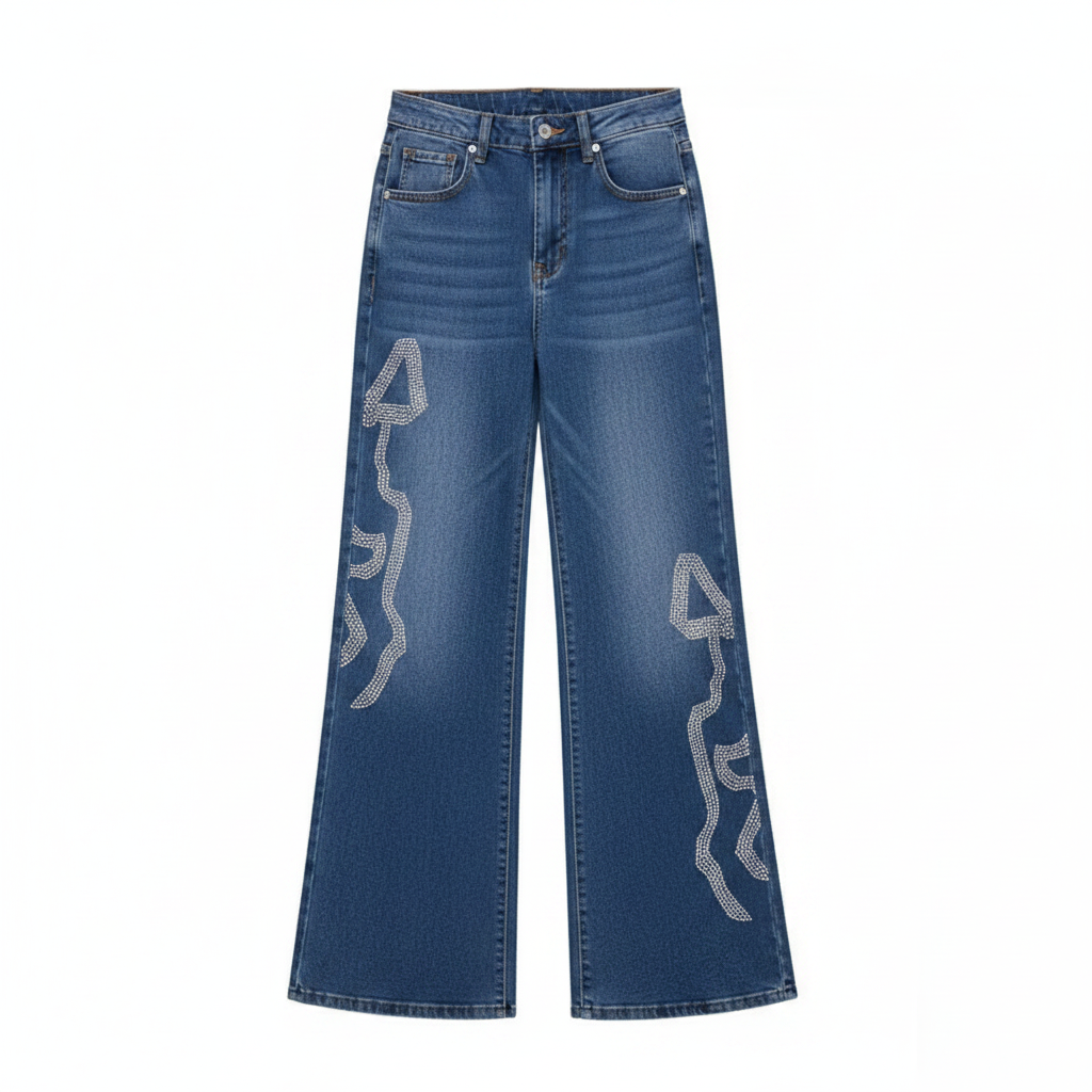 Women's Blue Rhinestone Graffiti Wide-Leg Denim Jeans - Ghost Mannequin