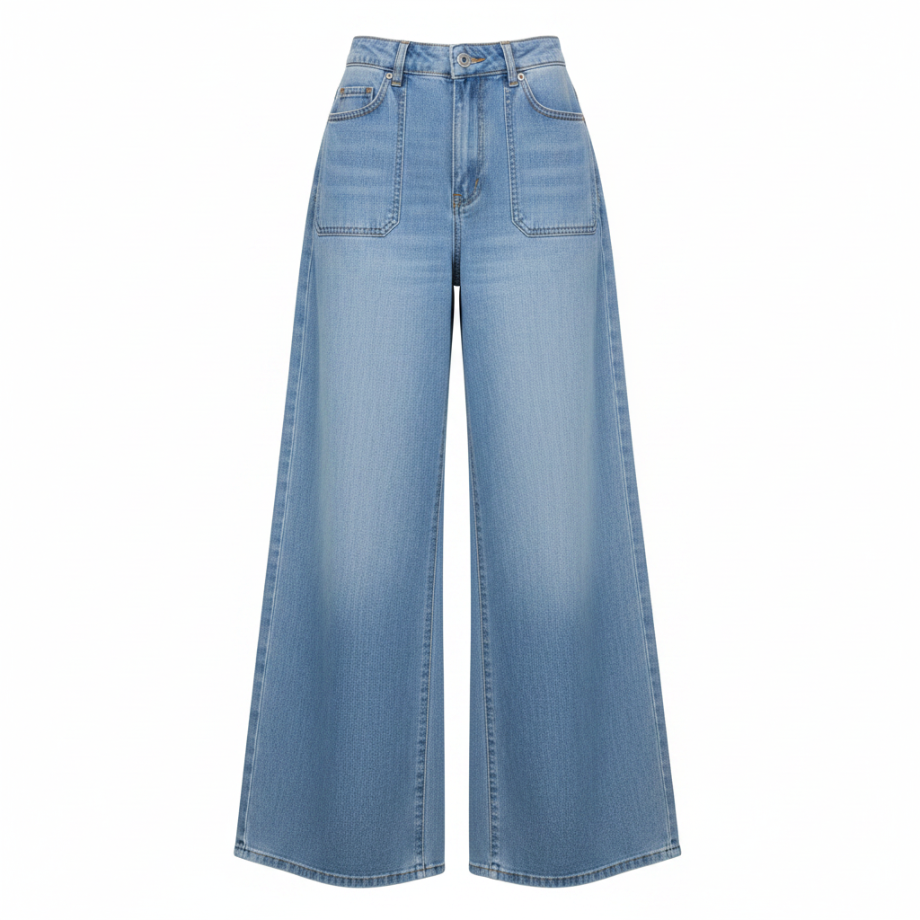 Women's light blue ultra wide leg palazzo denim jeans ghost mannequin view on white background