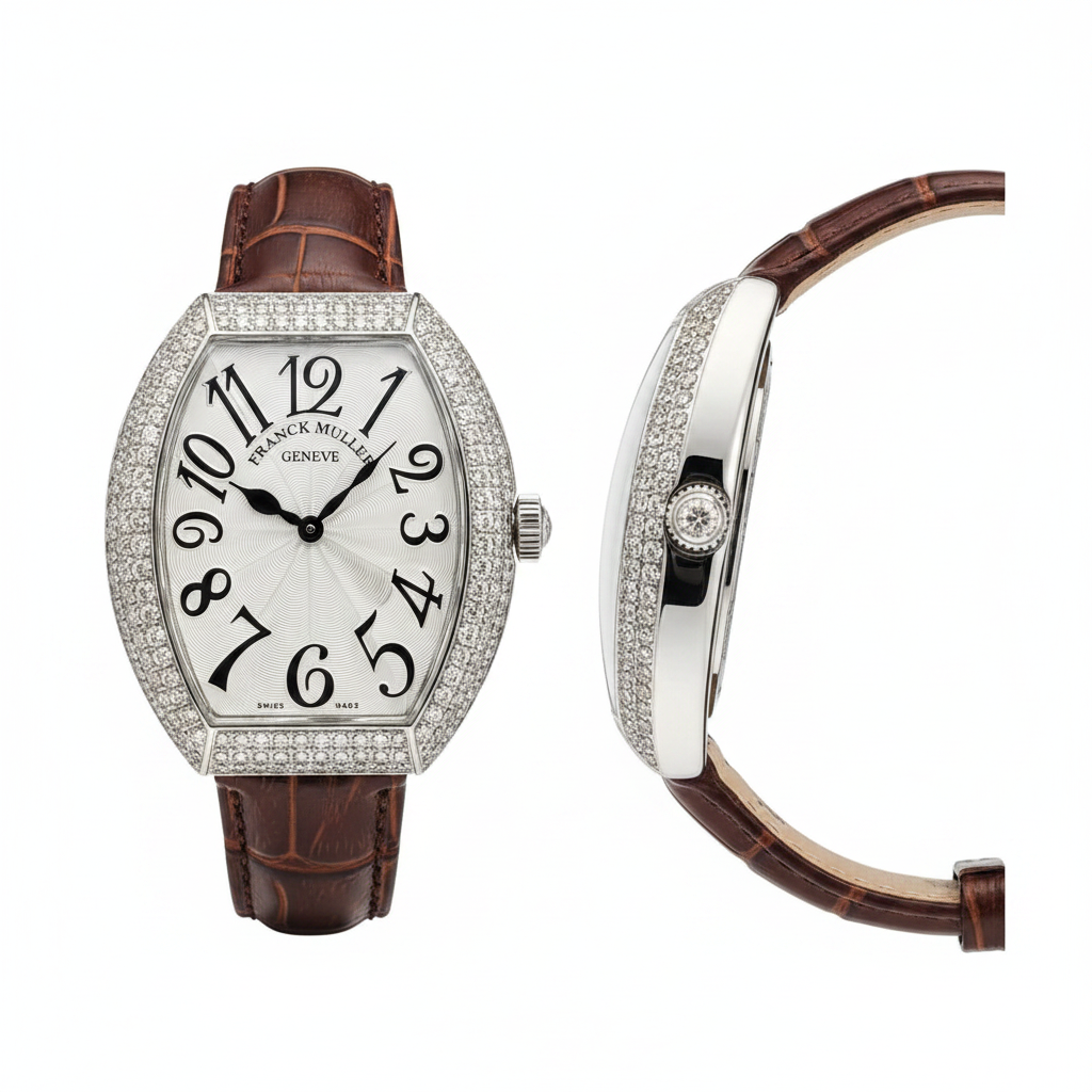 Women's silver full diamond bezel white guilloche dial tonneau watch — ghost mannequin front and side view, brown leather strap