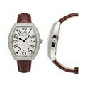 Women's silver full diamond bezel white guilloche dial tonneau watch — ghost mannequin front and side view, brown leather strap