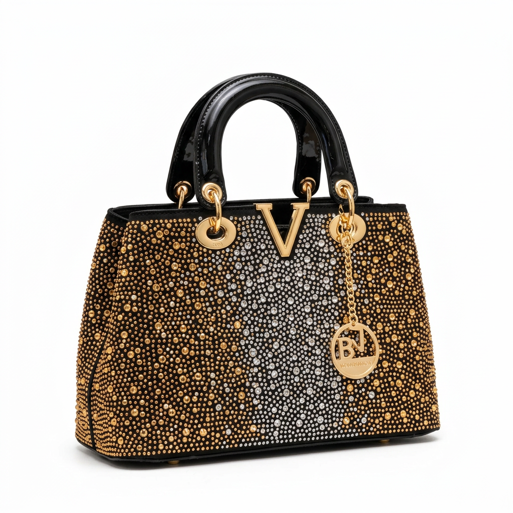 AI-generated black studded handbag catalog preview