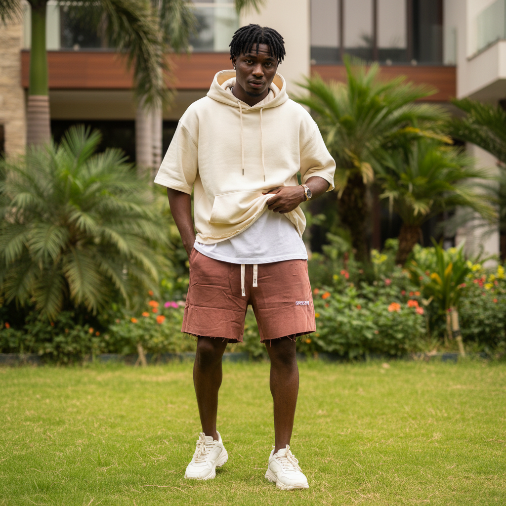 Nigerian male model wearing terracotta bleached graphic distressed sweat shorts — full body streetwear shot