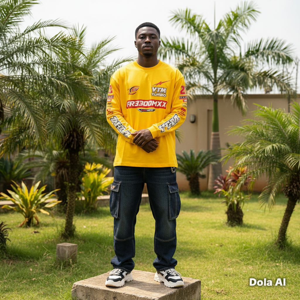Men's Yellow Motorsport Racing Graphic Long-Sleeve T-Shirt – Nigerian Male Model