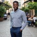 Nigerian male model wearing Navy and White Fine Gingham Check Long-Sleeve Button-Down Shirt with Embroidered Anchor Motif