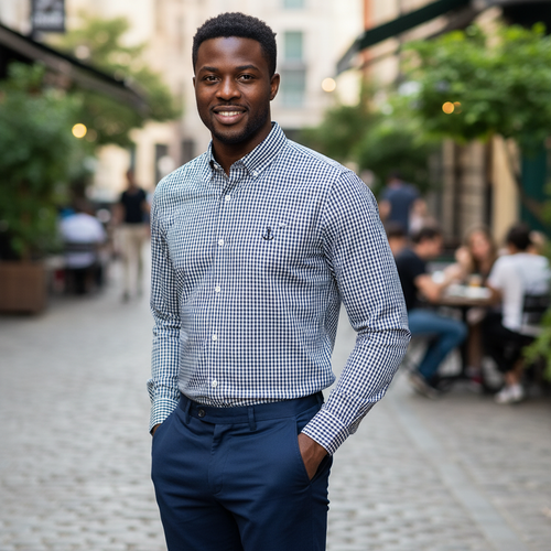 Nigerian male model wearing Navy and White Fine Gingham Check Long-Sleeve Button-Down Shirt with Embroidered Anchor Motif