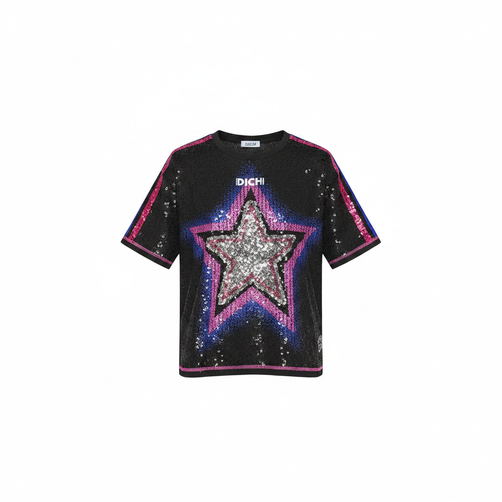 Black star sequin graphic top ghost mannequin front view