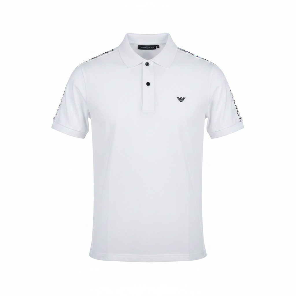 Men's white polo shirt with branded shoulder tape and eagle logo, ghost mannequin front view