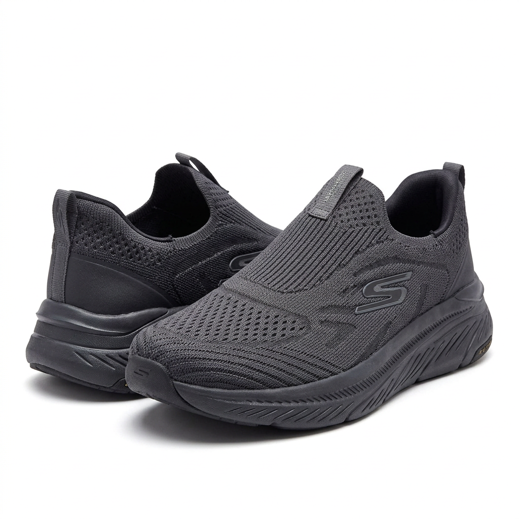 Pair of charcoal ribbed-knit slip-on sneakers on white