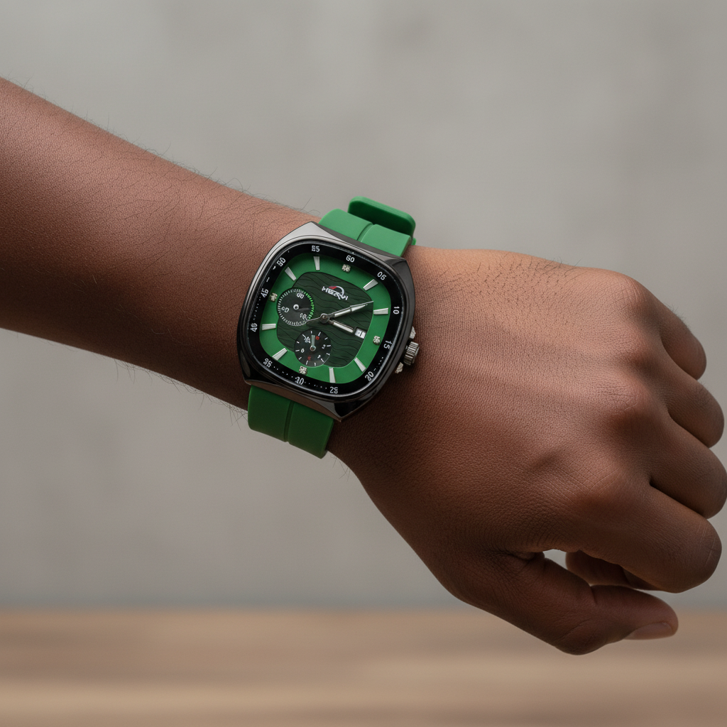 Black multi-dial watch with green strap worn on a wrist